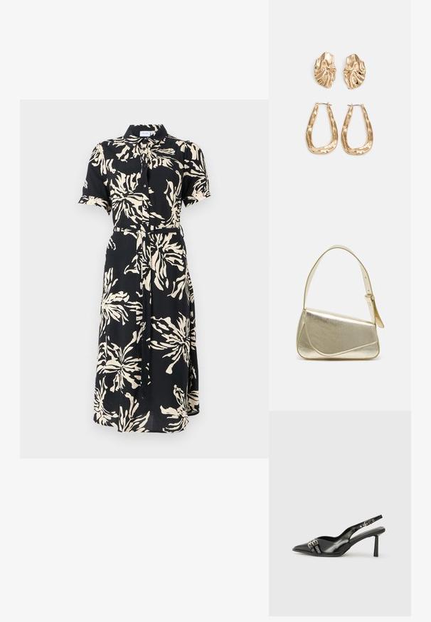 Kratké rukávy, zapínanie na gombíky, šaty z čierneho materiálu s veľkými krémovými kvetinovými vzormi, sčlenený pás s pásikom, stredná dĺžka, klasický golier.; Čierne lakované kožené slingback topánky s špicatou špičkou, remienkami okolo členku s striebornými prackami a hardvérom, a štíhlým podpätkom.; Zlatá metalická kabelka so štruktúrovaným dizajnom, hladkou textúrou a nastaviteľným popruhom. Obsahuje jedinečný trojuholníkový tvar a minimalistické šitie.; Náušnice v zlatej farbe s textúrovanými, vlnitými tvarmi. Obsahujú sochárske klipsové náušnice a otvorený tvar krúžku s kladivkovým povrchom.