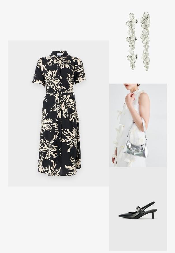 Kratké rukávy, zapínanie na gombíky, šaty z čierneho materiálu s veľkými krémovými kvetinovými vzormi, sčlenený pás s pásikom, stredná dĺžka, klasický golier.; Čierne patentové kožené sandále na podpätku so špicatou špičkou a malým blokovým podpätkom, s dekoratívnou striebornou sponou na remienku.; Strieborná metalická kabelka so štruktúrovaným tvarom, ktorá má hornú rukoväť a mašľu na prednej strane. Hladká textúra, reflexný povrch.; Strieborné náušnice s kvetinovým vzorom a vrstvenými listami. Textúra vyzerá zložite a leštene, čo zvýrazňuje prírodný motív.
