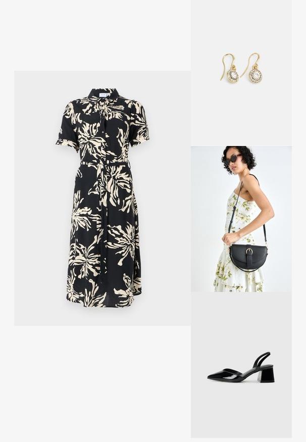 Kratké rukávy, zapínanie na gombíky, šaty z čierneho materiálu s veľkými krémovými kvetinovými vzormi, sčlenený pás s pásikom, stredná dĺžka, klasický golier.; Čierne lakované kožené sandálové podpätky s špicatou špičkou a geometrickým blokovým podpätkom. Disponujú elegantným, minimalistickým dizajnom a hladkým povrchom.; Čierna kožená kabelka s zaobleným tvarom, odnímateľným popruhom a zlatými doplnkami. Kabelka má klopu s detailom s prackou.; Náušnice zlatého odtieňa s oválnymi čírymi kryštáli obklopenými menšími čírými kameňmi, s háčikovým dizajnom pre bezpečné nosenie.