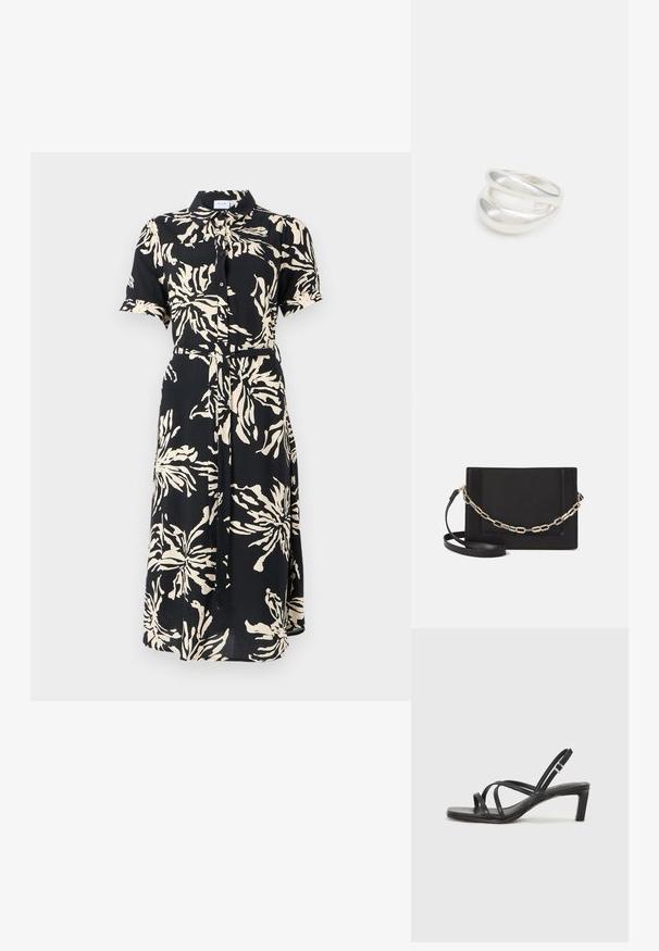 Juoda trumpų rankovių, mygtukais užsegama suknelė su dideliais smėlio spalvos gėlių raštais, įtempė juosmenį diržu, vidutinio ilgio, klasikinio apykaklės dizaino.; Juodi šlepetės su kvadratiniu pirštu ir žemu bloku kulnu. Yra keli ploni dirželiai ir reguliuojamas kulkšnies diržas. Pagaminti iš lygios odos.; Juodas odinis per petį nešiojamas krepšys turi lygų paviršių, stačiakampio formą ir metalinę grandinėlę priekyje. Pridedama reguliuojama dirželis.; Sidabrinis dvigubas žiedas su lygiu, poliruotu paviršiumi. Pasižymi sklandžiu, kreiptu dizainu su persipinančiomis dalimis, suteikiančiomis modernų išvaizdą.