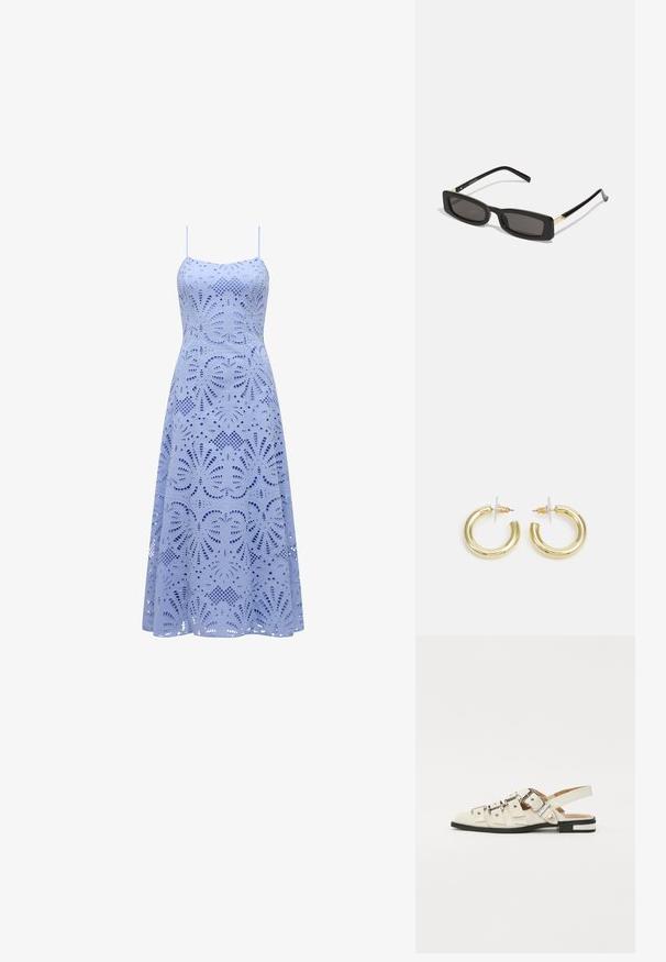 Hellblaues ärmelloses Kleid mit taillierter Oberseite und ausgestellt Rock, der mit kunstvollen Ausschnitten in Blumenmuster verziert ist.; Slingback-Sandalen aus weißem Leder mit mehreren breiten Riemen und silbernen Schnallen; flache Sohle mit kleinem schwarzem Absatz und metallischen Akzenten.; Schwarze rechteckige Sonnenbrillen mit dunklen Gläsern, glänzenden Kunststoffrahmen und goldenen Akzenten an den Bügeln. Minimalistisches Design und schlanke Form.; Goldene Creolen mit einer glatten, glänzenden Oberfläche. Zirkuläres Design mit einem kleinen Stecker und einer klaren Rückseite für einen sicheren Sitz.