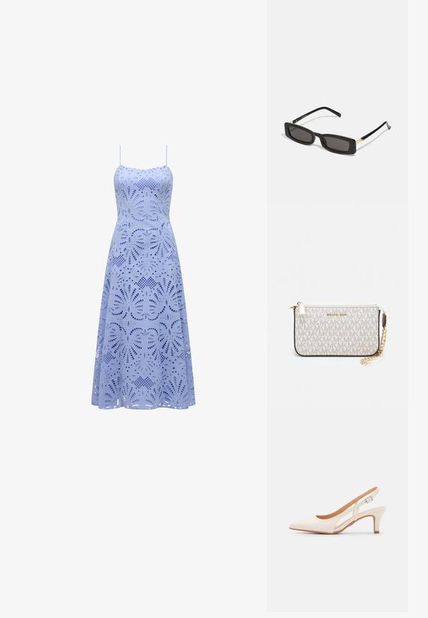 Lyseblå ermeløs kjole med tettsittende bodice og utsvingt skjørt, med intrikate utskårne blomsterdesign gjennom hele.; Hvit slingback-hel med spiss tå, glatt overmateriale, lav blokkhelt, og cut-out-design på siden med justerbar spenne.; Svart rektangulære solbriller med mørke linser, blanke plastrammer og gullaksenter på sidene. Minimalistisk design og strømlinjeformet form.; Michael Kors håndleddsveske i beige belagt kanvas med et gjentakende MK-logo mønster, gullfarget maskinvare og en avtakbar kjede-rem.