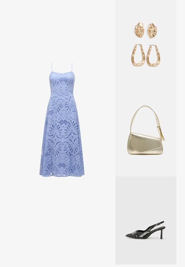 Vestido sin mangas de color azul claro con un cuerpo ajustado y una falda acampanada, que presenta intrincados patrones florales recortados a lo largo de toda la prenda.; Zapato de charol negro tipo slingback con punta afilada, correas al tobillo con hebillas y herrajes de plata, y un tacón delgado.; Bolso de mano metálico dorado con un diseño estructurado, textura suave y correa ajustable. Presenta una forma triangular única y un cosido minimalista.; Pendientes en tono dorado que presentan formas texturizadas y onduladas. Incluyen aros de clip esculturales y un diseño de aro abierto con un acabado martillado.