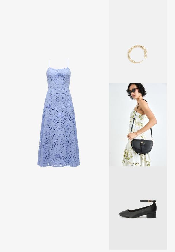 Svetlo modré bezrukávové šaty s priliehavým korzetom a rozšírenou sukňou, s precízne vyrezávanými kvetinovými vzormi po celom povrchu.; Čierne kožené lodičky s špicatou špičkou a nízkym blokovým podpätkom. Obsahuje remienok okolo členka so zlatým prackou. Hladký povrch.; Čierna kožená kabelka s zaobleným tvarom, odnímateľným popruhom a zlatými doplnkami. Kabelka má klopu s detailom s prackou.; Prsteň v zlatej farbe s organickým, skrúteným dizajnom, hladkým povrchom a zužujúcimi sa koncami, vytvárajúci moderný, sochársky vzhľad.