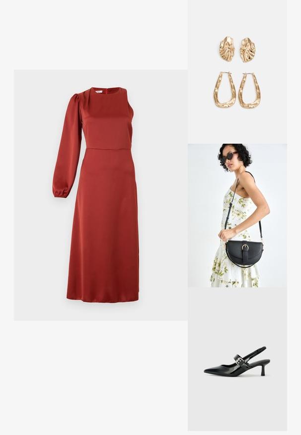 Flytende rød midi-kjole laget av glatt stoff, med en design med én pufferm og firkantet halslinje, samt en skjult glidelås bak.; Svarte patent lær slingback hæler med spiss tå og en liten blokkheel, med en sølvspenne som detalj på stroppen.; Svart lærveske med en buet form, avtagbar stropp og gullbeslag. Vesken har et klaff med spenne-detall.; Gullfargede øredobber med teksturerte, bølgete former. Inkluderer skulpturelle klipsstuds og åpen hoop-design med en hamret finish.