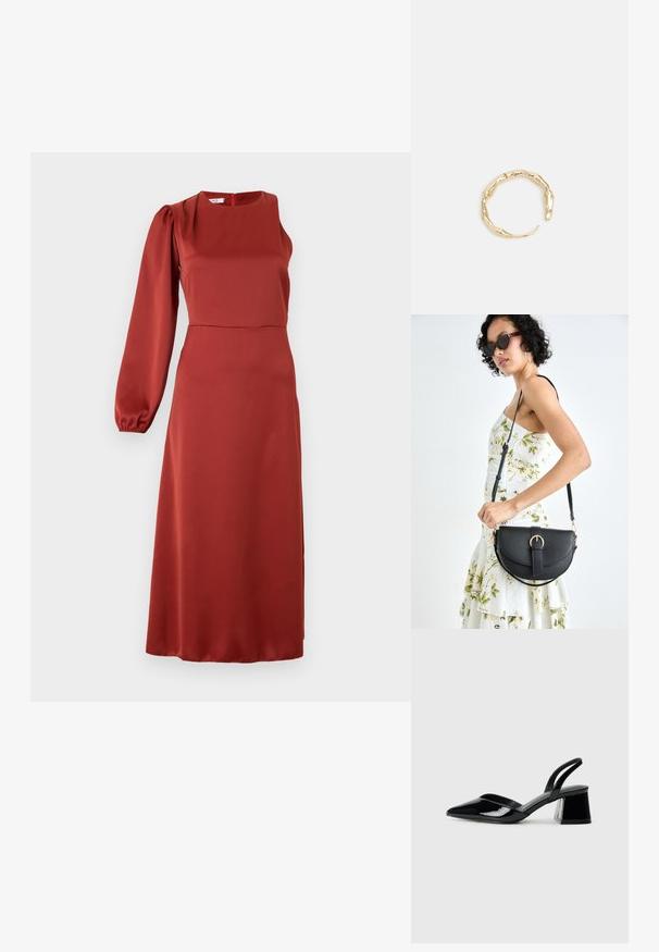 Czerwona midi sukienka o płynącym kroju, wykonana z gładkiego materiału, z jedną bufkowatą rękawą, kwadratowym dekoltem i ukrytym zamkiem błyskawicznym z tyłu.; Czarne lakierowane półbuty na obcasie z wydłużonym noskiem i geometrycznym słupkiem. Charakteryzują się eleganckim, minimalistycznym designem oraz gładką fakturą.; Czarna skórzana torebka o zakrzywionym kształcie, z odpinanym paskiem i złotymi akcentami. Torebka posiada klapę z zapięciem w kształcie klamry.; Pierścionek w odcieniu złota z organicznym, skręconym wzorem, o gładkiej fakturze i zwężających się końcach, tworzący nowoczesny, rzeźbiarski wygląd.