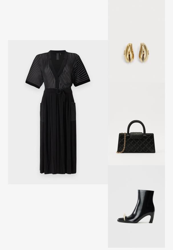 Melnā maksi kleita ar īsām piedurknēm, vertikālām svītrām, V veida dekoltē, jostu viduklī un sānu kabatām. Izgatavota no viegla auduma.; Melnas potītes zābaki, izgatavoti no spīdīgas ādas, ar smailu purngalu un dekoratīvu zelta un sudraba akcentu priekšpusē. Bloka papēža dizains.; Melnā rokassomiņa, kas izgatavota no teksturētas ādas, ar dimanta rakstu, zelta toņa ķēdes siksnu un augšējo rokturi ar logo reljefā slēgšanu.; Zelta tonis auskari ar plūstošu, izliekta dizaina formu. Katrs auskar ir ar gludu virsmu un nelielu aizdari ar dekoratīvu detaļu.