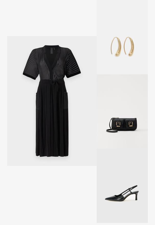 Czarna maxi sukienka z krótkimi rękawami, pionowymi pasami, dekoltem w serek, talią ze sznurkiem i bocznymi kieszeniami. Wykonana z lekkiego materiału.; Czarne lakierowane czółenka na obcasie typu slingback z wąskim noskiem, z teksturowanym wzorem wężowym, regulowanym paskiem oraz krótkim, teksturowanym obcasem w kształcie słupka.; Czarna skórzana torba na ramię z dwoma przednimi kieszeniami, złotymi klamrami, zamkiem błyskawicznym i cienkim paskiem. Teksturowana powierzchnia i kompaktowy prostokątny kształt.; Złote metalowe kolczyki w kształcie obręczy o zakrzywionym, wydłużonym kształcie. Posiadają gładką, błyszczącą powierzchnię oraz zaokrąglony koniec dla dodatkowego efektu.