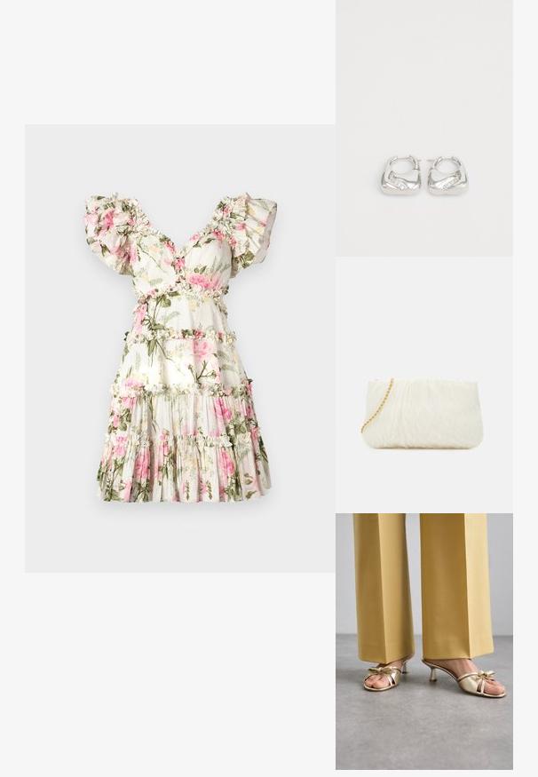 Gėlių suknelė su baltu fono, puošta rožinėmis rožėmis ir žalios lapijos. Susiraukšlėjęs rankoves, V formos kaklo iškirpimas ir aukštos juostos sijonas su volanų akcentais.; Stuart Weitzman FELICITY BOW SLIDE - Pantoletai su kulnu - platino; Balta tekstūruota sankabos rankinė su susiraukšlėjimo dizainu, turinti auksinę grandinėlę. Lygaus paviršiaus su subtiliomis bangomis ir suapvalintais kraštais.; Sidabrinės auskarų žiedai su lygiu, apvaliu dizainu ir banguota akcentu, turinčiu mažus, skaidrius kristalus palei vieną kraštą.