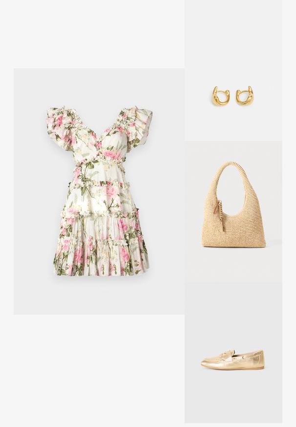 Rochie florală cu un fundal alb, decorată cu trandafiri roz și frunze verzi. Mâneci volan, decolteu în V și fustă cu straturi, având accente franjurate.; Pantofii de barcă din piele metalizată aurie, cu vârful rotund, șireturi decorative și mici gauri de aerisire pe laturi. Talpă din cauciuc plat.; Geantă țesută bej cu un mâner curbat, suprafață texturată și un detaliu de franjuri maroniu. Prezintă o formă moale, de tip hobo.; Cercei din aur cu un design neted și rotunjit, având un finisaj lustruit. Cerceii au o formă compactă și chunky și un închizător fără sudură.