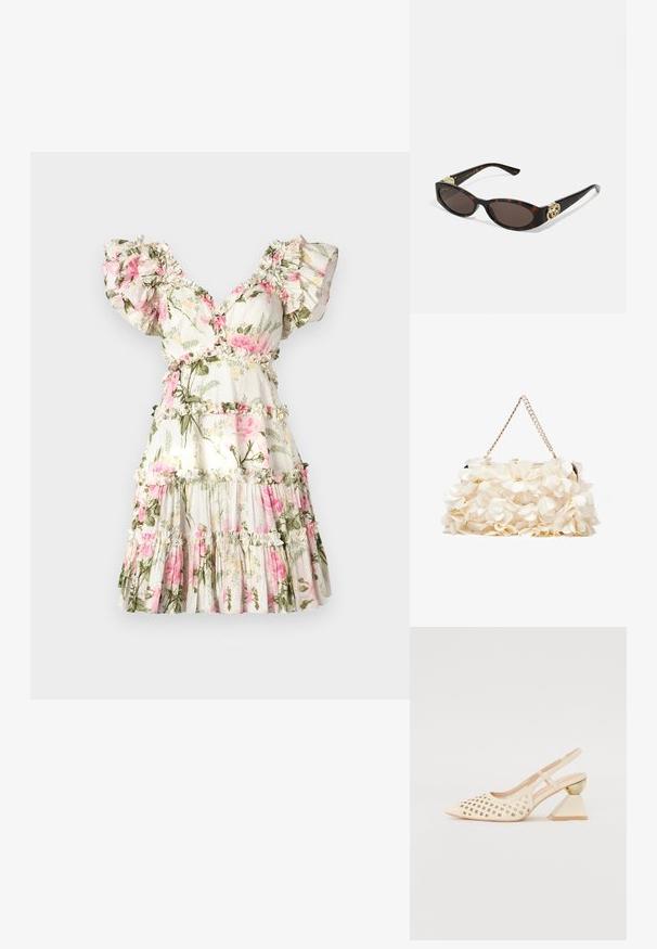 Kvetinové šaty s bielym pozadím, na ktorých sú ružové ruže a zelené listy. Riasené rukávy, výstrih do V a vrstvená sukňa s volánovými akcentmi.; Béžová sandálová obuv na podpätku s perforovaným zvrškom, špicatou špičkou a kontrastným trojuholníkovým podpätkom s zlatým akcentom. Hladká textúra celkovo.; Slnkové okuliare v korytnačkovom dizajne s predĺženými oválnymi šošovkami, hnedým tónovaním, zlatými logovými akcentmi na spánkoch a elegantnými čiernymi ramenami.; Biela kvetinová taška s nariaseným textilným povrchom, zlatým reťazovým popruhom a kovovým zámkom. Obsahuje textúrované okvetné lístky pre väčší detail.
