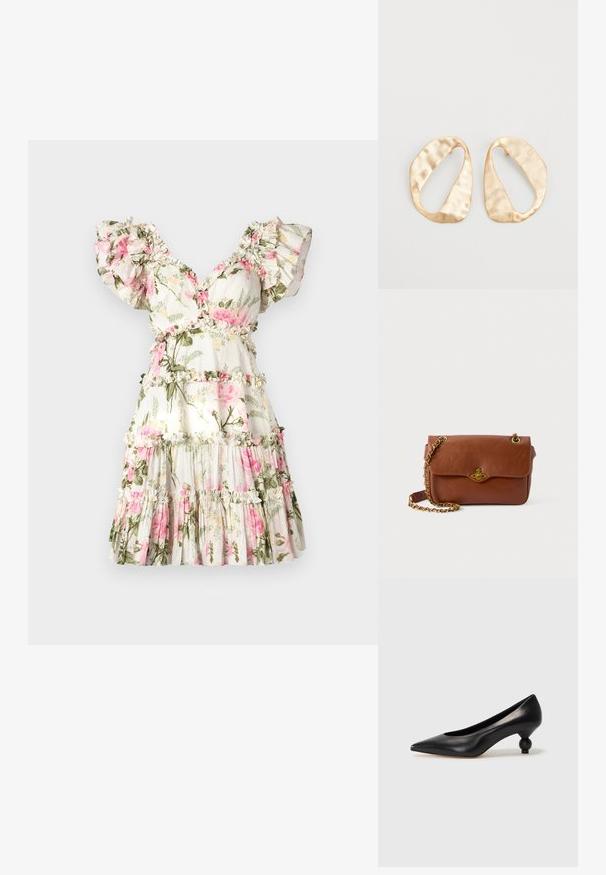 Kvetinové šaty s bielym pozadím, na ktorých sú ružové ruže a zelené listy. Riasené rukávy, výstrih do V a vrstvená sukňa s volánovými akcentmi.; Čierna kožená vysoká topánka na podpätku s ostrým špičkou a okrúhlym, guľatým podpätkom. Hladký povrch s moderným, minimalistickým dizajnom.; Hnedá kožená crossbody taška so skladacím uzáverom, zlatými kovovými detailmi a reťazovou rukoväťou. Hladký povrch, obdĺžnikový tvar, minimálne detaily.; Pár nepravidelných oválnych zlatistých kovových náušníc s textúrovaným, mierne rozbitým povrchom na bielom pozadí.