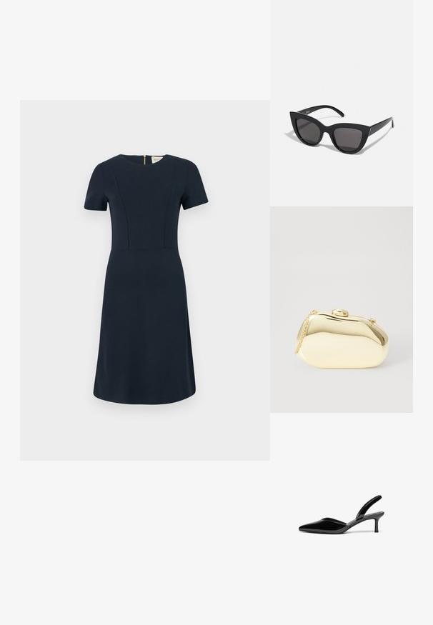 Tumesinine kleit lühikeste varrukatega, keha lähedalt istuv ja avar seelik; sisaldab õmblusdetailide ja tagumise tõmbluku sulgemist.; Mustad nahast slingback kontsad terava ninaga, madala stilettokontsa ja sõbraliku, lihtsa kujundusega ilma dekoratsioonideta.; Mustad mustakate silmade prillid, millel on matt viimistlus, hallist toonitud läätsed, teravad nurgad ja stiilsed küljed. Brändi nimi on nähtav siseküljel.; Kuldne metallist käekott sujuva, ümarate kujude ning ülemise nupuvajutusega kinnitusega. Koti küljes on väike kett, et oleks mugav kanda.