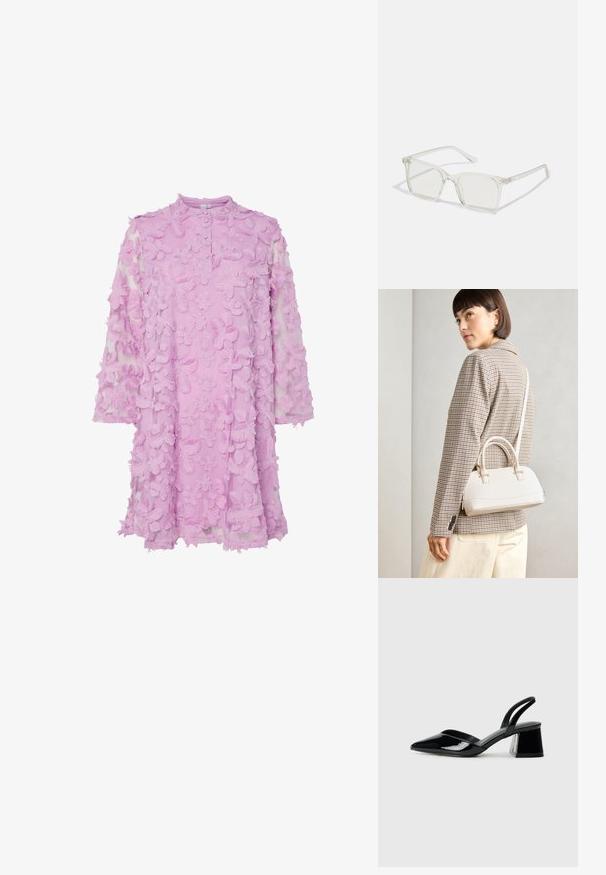 Rochie roz transparentă împodobită cu aplicații florale brodate, având un gât înalt, mâneci lungi și închidere cu nasturi la guler.; Pantofi cu toc slingback din piele lacuită neagră, cu vârf ascuțit și toc geometric. Prezintă un design elegant, minimalist și o textură netedă.; Ochelari de vedere cu rame pătrate din plastic transparent, dotate cu lentile translucide și accente aurii pe temple pentru un detaliu suplimentar.; Geantă structurată albă, cu mânere scurte și curea de umăr, având accente din metal aurit și material texturat, expusă pe un fundal gri.