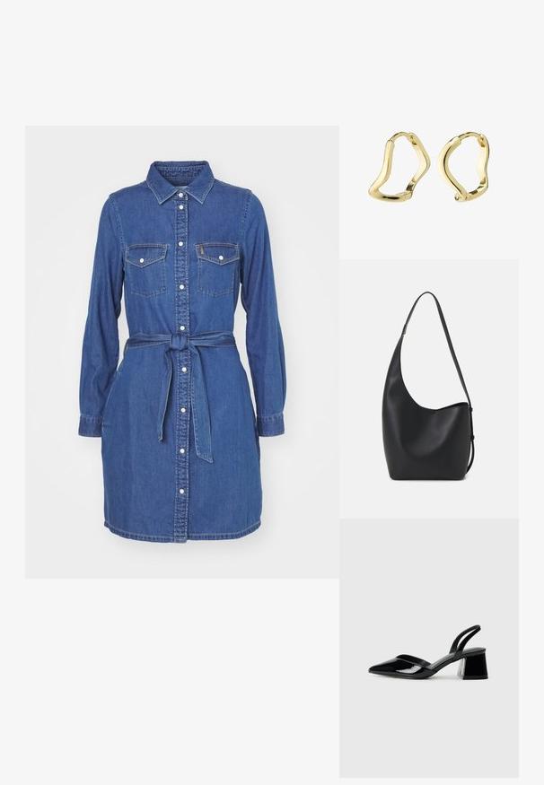 Džinsinė suknelė, tamsiai mėlyna, mygtuko užsegimas priekyje, smailus apykaklė, ilgomis rankovėmis, dvi krūtinės kišenės, audinio diržas surištas ant juosmens, glotnus paviršius.; Juodos lakuotos odinės šlepetės su smailiu pirštu ir geometriniu bloko kulnu. Turi elegantišką, minimalistinį dizainą ir lygų paviršių.; Juodas odinis hobo maišas su lygiu paviršiumi, kreipta forma ir viena reguliuojama rankena; turi platų atidarymą viršuje.; Auksiniai žiedeliai su sklandžiu, bangų formos dizainu. Lygus paviršius, atvira forma ir nematomi užsegimai. Minimalistinis ir modernus vaizdas.