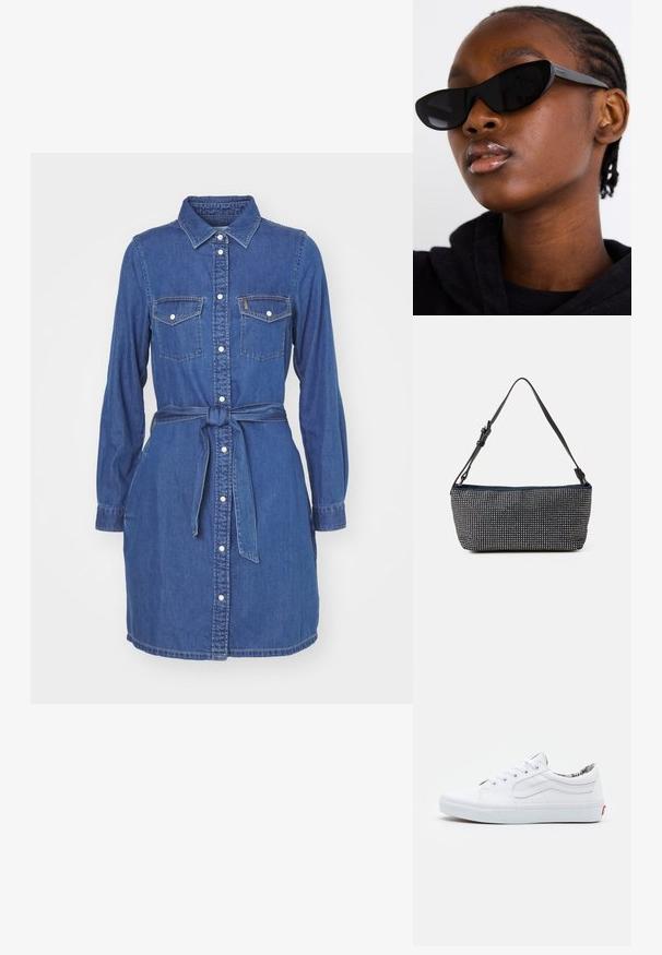 Denimist dress, tume sinine, nööpidega esiosa, terav krae, pikad varrukad, kaks rinda taskut, kangast vöö seotud vöökoht, sile tekstuur.; Valged kangast tossud madala disainiga, ümmarguse nina, paeltee ja polsterdatud kraega. Mustervoodriga sisemus. Punane logo silt kanna peal.; Must musta silmad eest vaatavad mustad prillid, millel on matt viimistlus, elegantne disain ja õrnalt kõverad servad, mudeli tumeda riietuse taustal.; Tumesinise kangaga käekott, millel on tekstureeritud hõbedaste nupudega disain, ühekordne reguleeritav must rihm ja ristküliku kuju.; Hõbedased rõngaskõrvarõngad, millel on sile, läikiv viimistlus. Ümmargune kuju ja turvaline klõpsulatus. Kerge disain, sobib igapäevaseks kandmiseks.