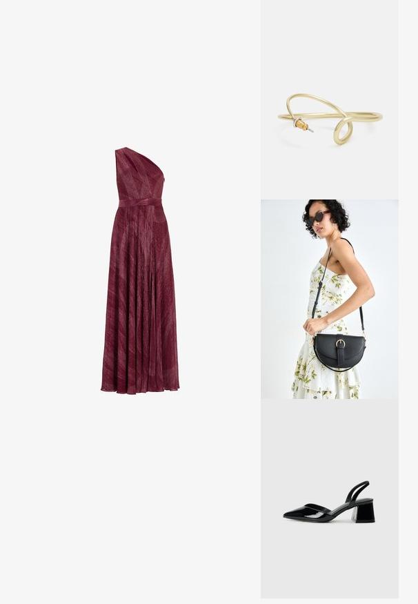 Burgundin yhden olkapään mekko, joka on valmistettu teksturoidusta kankaasta, jossa on vartalonmyötäinen vyötärö ja valuva hame, joka sisältää poimutuksia ja elegantin laskoksen.; Mustat patentoitu nahkakengät, joissa on säären takaosa ja terävä kärki, sekä geometrinen palikkakorko. Sisältää tyylikkään, minimalistisen muotoilun ja sileän pinnan.; Musta nahkainen käsilaukku, joka on kaareva muotoilultaan, irrotettavalla hihnalla ja kultaisilla yksityiskohdilla. Laukussa on läppä, jossa on solk yksityiskohta.; Kultainen metallinen ranneketju, jossa on sulava ja kaareva muotoilu. Yhdessä päässä on pieni, hallitseva hopeanvärinen korostus.