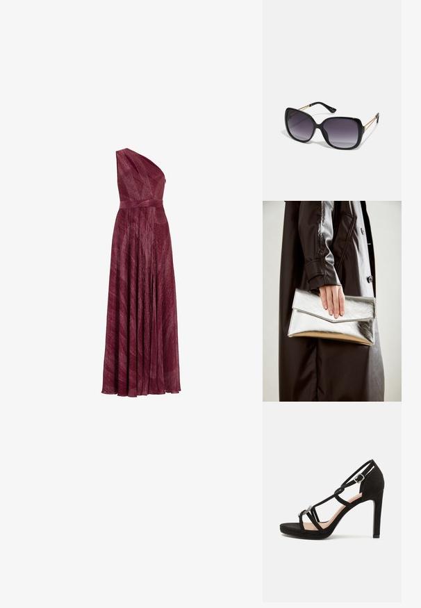 Burgunderfarbene Ein-Schulter-Ganzkörperrobe aus strukturiertem Stoff, mit tailliertem Schnitt und fließendem Rock, der Falten und einen eleganten Fall aufweist.; Schwarze Wildleder-Pappelsandalen mit überkreuzten Riemen, einem dekorativen silberfarbenen Akzent und einer Plateausohle für zusätzliche Höhe.; Schwarze übergroße Sonnenbrille mit getönten Gläsern, dicken Rahmen und goldfarbener Kettendetaillierung an den Bügeln.; Silberner metallischer Clutch mit einem eckigen Umschlagdesign, glatter Textur und kontrastierender Innenfarbe, gehalten in einer Hand, die einen schwarzen Mantel trägt.