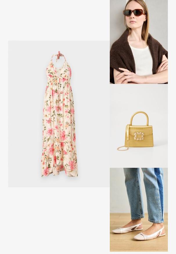 Kreminė gėlėta maksi suknelė su rožinėmis ir žaliomis gėlių raštais. Suknelė turi kaklo apykaklę ir sluoksniuotą apatinę dalį, sukuriančią laisvą siluetą.; Šviesiai rožiniai slingback baleto bateliai su smailiu pirštu, pagaminti iš lygios odai panašios medžiagos. Yra išpjovimų detalės šonuose ir plokščias kulnas.; Rudos tortožuviais akiniai nuo saulės su kampuotais rėmeliais, tamsiais objektyvais ir metalinėmis detalėmis. Dėvimi su kreminės spalvos viršumi ir tamsiu šaliu.; Geltonas dirbtinės krokodilo odos rankinukas su standžiu dizainu, viršutine rankena, nuimamu grandininiu dirželiu ir dekoratyviniu krištolo papuošimu ant užsegimo.