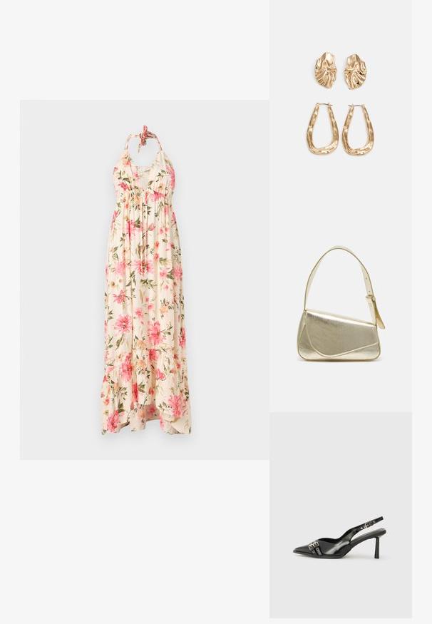 Floral maxi-jurk in crème met roze en groene bloemenpatronen. Heeft een halterhals en een gelaagde zoom voor een luchtige uitstraling.; Zwarte gepolijste leren slingback schoenen met een puntige neus, enkelbandjes met zilveren gespen en hardware, en een slanke hak.; Gouden metallic handtas met een gestructureerd ontwerp, gladde textuur en verstelbare schouderband. Kenmerkt zich door een unieke driehoekige vorm en minimalistische stiksels.; Gouden oorbellen met een getextureerd, golvend ontwerp. Bevat sculpturale clip-on studs en een open ringontwerp met een gehamerd oppervlak.