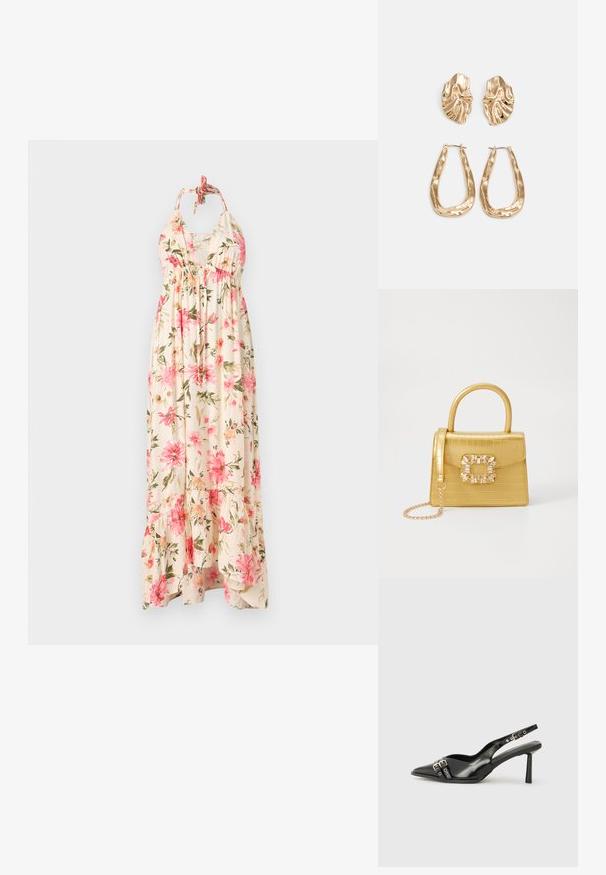 Robe maxi florale en crème avec des motifs de fleurs roses et vertes. Présente un décolleté halter et un ourlet à volants pour une silhouette fluide.; Chaussure slingback en cuir verni noir avec un embout pointu, des brides de cheville avec des boucles en argent et des éléments en métal, et un talon fin.; Sac à main en faux crocodile jaune avec un design structuré, une poignée supérieure, une bandoulière en chaîne amovible, et un ornement cristallin décoratif sur le fermoir.; Boucles d'oreilles dorées présentant des formes texturées et ondulées. Comprend des clips sculpturaux et un design de créoles ouvertes avec une finition martelée.