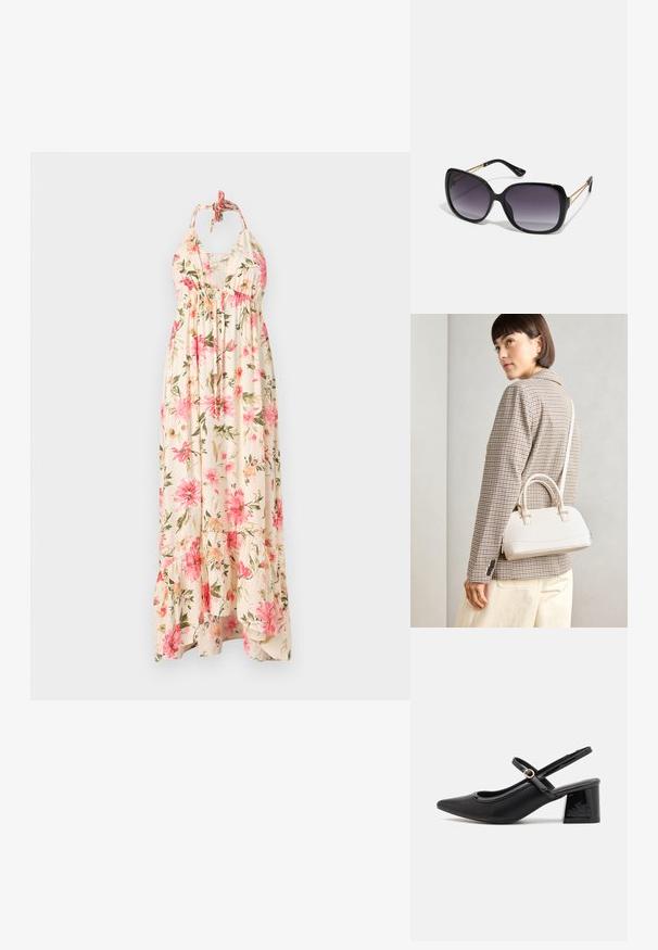 Kvetinové maxi šaty v krémovej farbe s ružovými a zelenými vzormi kvetov. Majú zaväzovanie na krku a vrstvený spodný okraj pre vzdušný siluet.; Čierne lakované kožené lodičky so slingback dizajnom, špicatou špičkou, zaobleným výrezom a blokovým podpätkom. Obsahuje akcent zlatého tónu s prackou.; Čierne oversized slnečné okuliare s gradientovými sklíčkami, hrubými rámami a zlatým retiazkovým detailom na stranách.; Biela štruktúrovaná kabelka s krátkymi rúčkami a ramenným popruhom, s zlatými kovovými prvkami a textúrovaným materiálom, vystavená na šedom pozadí.