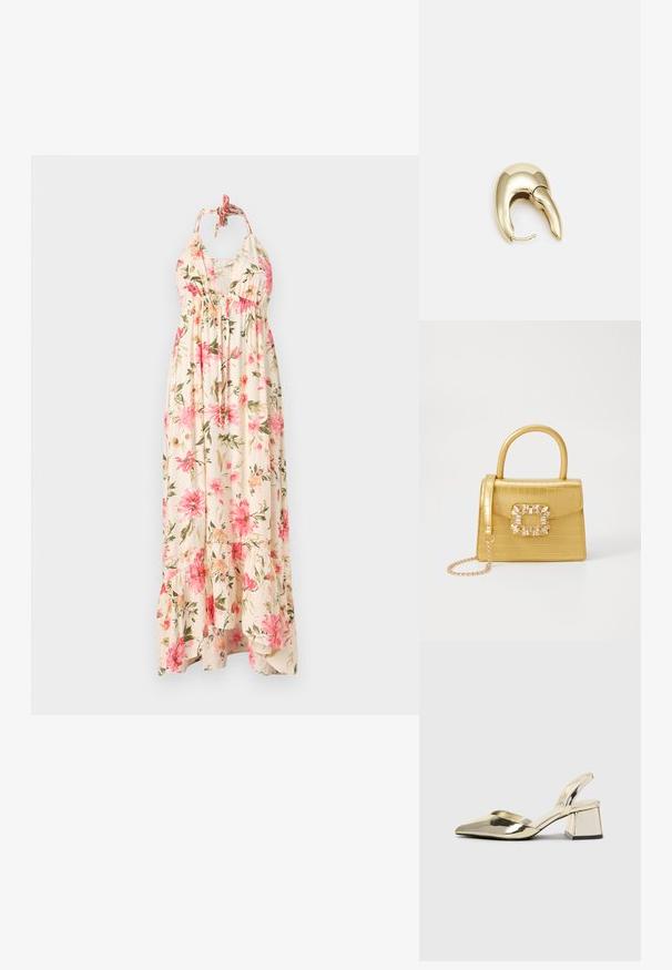 Krēma krāsas ziedu maxi kleita ar rozā un zaļiem ziedu rakstiem. Ir ar haltera izgriezumu un slāņainu apakšmalu, kas nodrošina plūstošu siluetu.; Zeltaini, metāla kurpes ar siksniņām, norakans purngalis un masīla papēdis. Gluda tekstūra, minimālisma dizains un šaura siksna.; Dzeltena mākslīgā krokodila roku soma ar strukturētu dizainu, augšējo rokturi, noņemamu ķēdes siksniņu un dekoratīvām kristāla rotājumiem aizdares daļā.; Zeltīti metāla auskari ar gludu, izliekta dizaina. Ar atšķirīgu smailu formu, pulētu virsmu un eņģu aizdari.