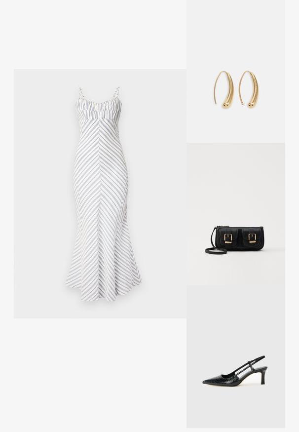 Bela midi obleka brez naramnic, oprijeta s modrimi diagonalnimi črtami. Ima nabran zgornji del, razširjen rob in nastavljive naramnice. Gladka tekstura.; Črne lakaste slingback pete s koničastim nosom, ki imajo teksturiran vzorec kačje kože, nastavljiv trak in kratek teksturiran blok peto.; Črna usnjena torbica čez ramo z dvema sprednjima žepoma, zlatimi zaponkami, zadrgo in ozkim pasom. Tekstura površine je strukturirana, obliko pa ima kompaktno pravokotno.; Zlato-tonirani kovinski uhani v obliki obroča s krivuljo in podolgovato obliko. Imajo gladko, sijočo površino in zaobljen vrh za dodaten detajl.