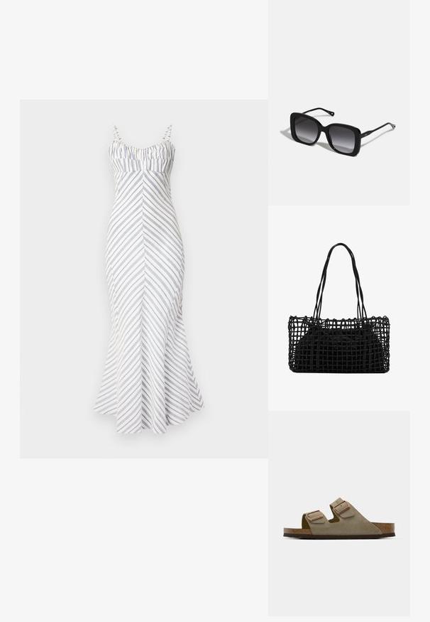 Stropeløs, tætsiddende midi-kjole i hvid med blå diagonale striber. Har sammensamlet buste, udvidet kant og justerbare stropper. Glat tekstur.; Lys taupe ruskindsandale med to justerbare stropper og hardware i rosaguld. Korkfodbed på en tekstureret brun sål. Åben tå-design.; CHLOÉ Solbriller - black; Sort vævet håndtaske med et åbent netdesign og to lange håndtag. Indeholder en solid sort indersæk til opbevaring.