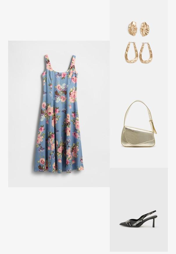 Vestido floral em tecido azul claro com flores cor-de-rosa e roxas. Apresenta alças finas e uma silhueta evasê, com textura suave.; Sapato slingback preto em pele patentada com bico apontado, tiras no tornozelo apresentando fivelas e acessórios prateados, e um salto elegante.; Bolsa de mão metálica dourada com um design estruturado, textura suave e alça ajustável. Apresenta uma forma triangular única e costura minimalista.; Brincos em tom de ouro com formas onduladas e texturizadas. Inclui studs escultóricos com presilha e um design de argola aberta com um acabamento martelado.