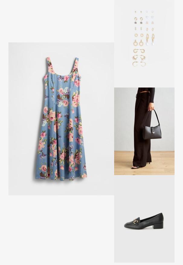 Gėlių rašto suknelė šviesiai mėlyno audinio su rožinėmis ir violetinėmis gėlėmis. Suknelė turi plonas petnešėles ir platėjančią siluetą, minkštą tekstūrą.; Juodi odiniai loaferiai su plokščiu kulnu, su dekoratyvia auksine detalės priekyje ir glotnia tekstūra.; Juodas rankinė struktūrizuota forma, lygi tekstūra ir metalinis užsegimas. Suporuota su plačiomis juodomis kelnėmis ir atvirais bateliais ant medinių grindų.; Auksiniai auskarai su įvairiais dizainais, įskaitant studus, žiedus ir kabančius modelius su perlų ir kristalų akcentais.