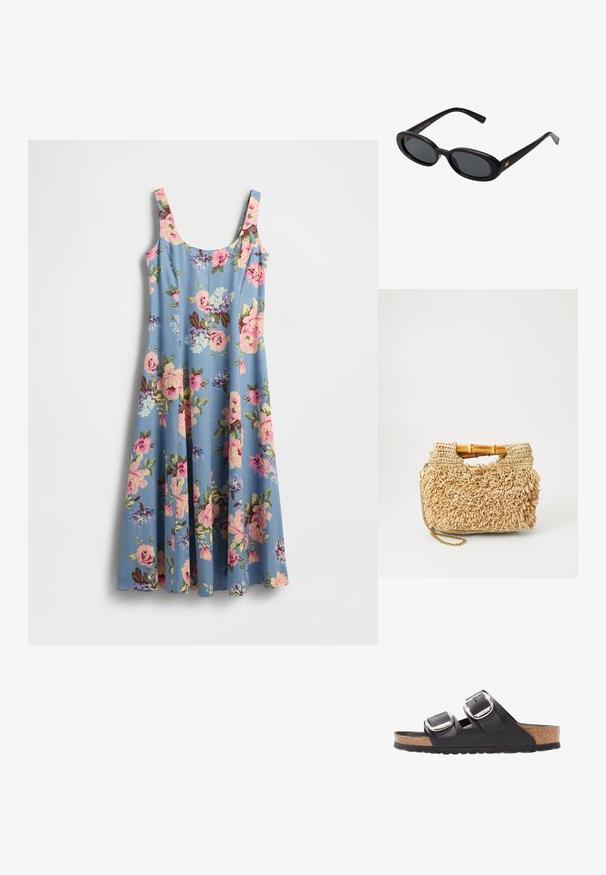 Ziedu kleita gaiši zilā audumā ar rozā un violetiem ziediem. Aprīkota ar plānām lencītēm un izplūdušu siluetu, maiga tekstūra.; Melni sandales ar divām regulējamām jostām, sudraba sprādzēm un korķa zoli uz teksturētas melnas gumijas zoles.; Melnu pārspīlēto saulesbrilles ar ovālām lēcām, gludu plastmasas rāmja un zelta akcentiem uz tempļiem. Tumšie lēcas nodrošina saules aizsardzību.; Aukstā pītā salmu soma ar bambusa rokturiem, ar teksturētu frizūru dizainu dabīgā bēšā krāsā un zelta ķēdes siksnu.