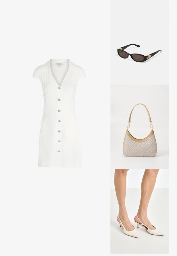 Vestido corto blanco con cuello, con textura acanalada vertical, mangas cortas y cierre frontal con botones dorados. Acabado de tela suave.; Tacones slingback de charol beige con punta afilada y un tacón de 5 cm, con lados recortados y una delgada correa en el tobillo.; Gafas de sol carey con lentes ovalados alargados, tintado marrón, acentos de logo dorado en las patillas y brazos negros elegantes.; Bolso de mano beige con un patrón y forma curva, acentos de cuero y un logo tono dorado en la parte frontal. Cuenta con un asa corta para un fácil transporte.; Collar de perlas y cristales con un diseño redondo y abalorado en tonos suaves, que presenta perlas alternadas y acentos brillantes, llevado alrededor del cuello.