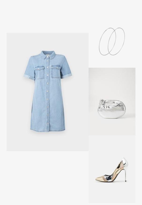 Svetlo modra denim obleka s kratkimi rokavi, gumbom spredaj, dvema žepoma na prsih in zavihanimi rokavi. Gladka tekstura in ravna kroj.; Čevlji z visoko peto in konico, v barvni kombinaciji srebrne, zlate in nude. Sijajna obdelava z izrezljanim dizajnom, z igličasto peto.; Srebrna kovinska torbica z mehko, zaobljeno obliko in zavezano zgornjo zaporo. Narejena iz gladkega umetnega usnja.; Srebrne uhane v obliki obroča z minimalističnim dizajnom. Krožna oblika, gladka tekstura in tanek profil. Lahki s poliranim zaključkom.
