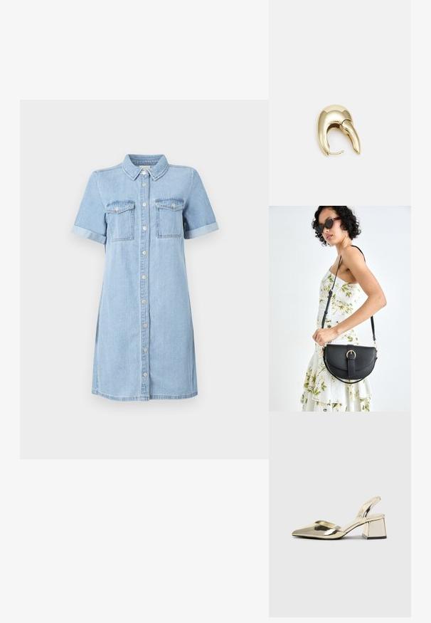 Light blue denim dress with short sleeves, button front, two chest pockets, and rolled sleeves. Smooth texture and straight cut design.; Gold, metallic slingback heels with a pointed toe and chunky heel. Smooth texture, minimalistic design, and a narrow strap.; Black leather handbag with a curved shape, detachable strap, and gold hardware. The bag features a flap with a buckle detail.; Gold-tone metal earring with a sleek, curved design. Features a distinctive pointed shape, polished surface, and hinge closure.