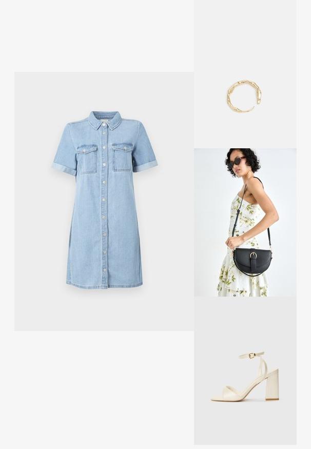 Vaaleansininen farkkimekko, jossa on lyhyet hihat, nappi edessä, kaksi rintataskua ja käännetyt hihat. Suora leikkaus ja sileä rakenne.; Kermanväriset korkokengät avonaisella varpaalla, paksulla lohkareheelilla, ohuella nilkkahihnalla ja hillityllä kiiltävällä pinnalla. Solkiyksityiskohta hihnassa.; Musta nahkainen käsilaukku, joka on kaareva muotoilultaan, irrotettavalla hihnalla ja kultaisilla yksityiskohdilla. Laukussa on läppä, jossa on solk yksityiskohta.; Kultaketju, jossa on orgaaninen, kierretty muotoilu, sileä pinta ja cappatut päät, luoden modernin, veistoksellisen ilmeen.