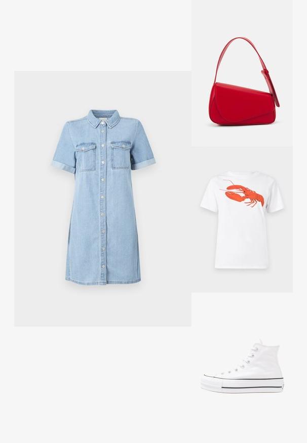 Lyseblå denimkjole med korte ermer, knappes front, to brystlommer og rullede ermer. Glatt tekstur og rett snittdesign.; Hvit bomull t-skjorte med et stort, lyst rødt hummermotiv på fronten. Korte ermer og standard rund hals-design.; Hvit høy-skinn kanvas sneakers med svart gummisåle, gummitåhette foran og seks hull for snorer, med et rent, minimalistisk design.; Rød lærveske med en vinklet, geometrisk design. Har en enkelt justerbar stropp og en klaffelukking med sydd detaljer.