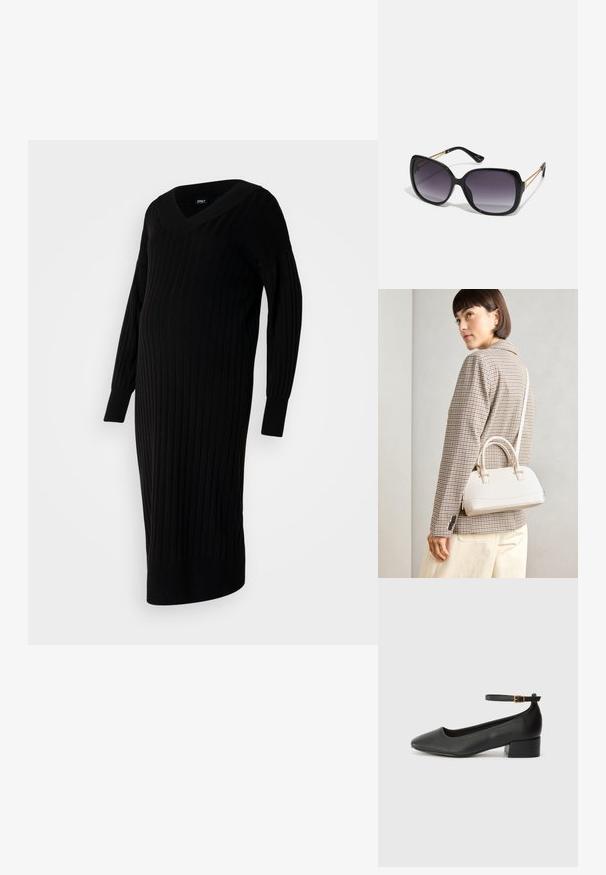 Rochie neagră din tricot cu nervuri, cu decolteu în V, mâneci lungi și fanta pe lateral. Are o siluetă ajustată, concepută pentru confort.; Pantof cu toc negru din piele, cu vârf ascuțit și toc mic pătrat. Dispune de o curea la gleznă cu o cataramă în tonuri de aur. Textură netedă.; Ochelari de soare negri, supradimensionați, cu lentile degradate, rame groase și detalii cu lanț de ton auriu pe brațele templului.; Geantă structurată albă, cu mânere scurte și curea de umăr, având accente din metal aurit și material texturat, expusă pe un fundal gri.