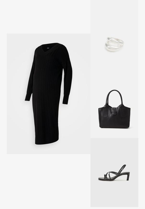 Črna pletena obleka z rebrasto teksturo, z V-izrezom, dolgimi rokavi in stranskim razporkom. Ima prilegajoč silhueto, oblikovano za udobje.; Črne natikače s trakovi in kvadratnim prstom ter nizkim blokastim peto. Imajo več tankih trakov in nastavljiv trak okoli gležnja. Narejene so iz gladkega usnja.; Črna usnjena torba s gladko teksturo, strukturirano obliko, dvema ročkama in izrazitim srebrnim sponko na sprednji strani.; Srebrn dvojni prstan z gladko, polirano površino. Ima tekoč, ukrivljen dizajn z prekrivajočimi se sekcijami za sodoben videz.