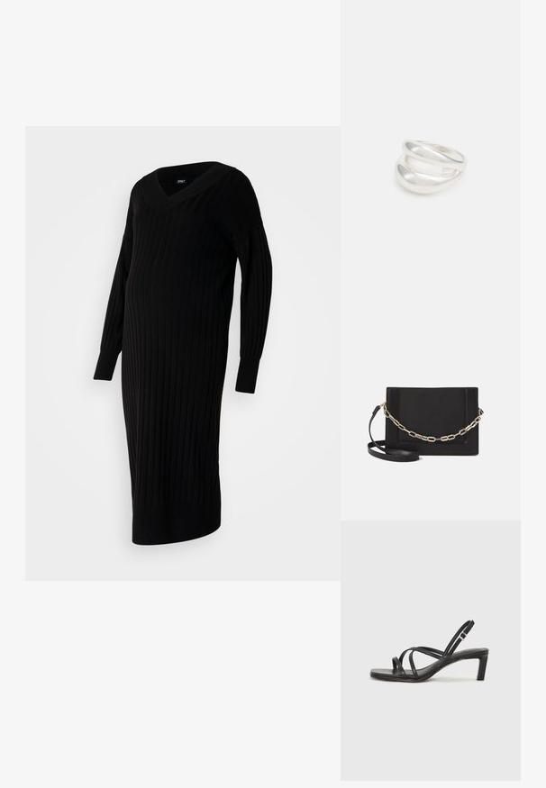Abito nero a costine con scollatura a V, maniche lunghe e uno spacco laterale. Presenta una silhouette aderente progettata per il comfort.; Sandalo nero con cinturini, dalla punta squadrata e tacco basso a blocco. Presenta diversi cinturini sottili e una cinturini regolabile alla caviglia. Realizzato in pelle liscia.; Borsa a tracolla nera in pelle con una texture liscia, forma rettangolare e dettaglio in catena metallica sul davanti. Inclusa una tracolla regolabile.; Anello doppio in argento con superficie liscia e lucida. Presenta un design fluido e curvo con sezioni sovrapposte per un aspetto moderno.
