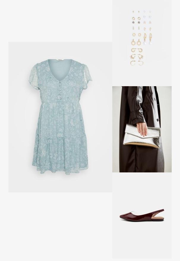 Jasnoniebieska sukienka w kwiaty z krótkimi bufiastymi rękawami, dekoltem w serek, z ozdobnymi guzikami oraz z falbanistym fasonem, wykonana z miękkiego, lekkiego materiału.; Burgundowe lakierowane baleriny typu slingback z ostrym noskiem, przezroczystym wycięciem i czarną płaską podeszwą. Gładka tekstura, minimalistyczny design.; Srebrna metaliczna kopertówka o kształcie kątowym, gładka w dotyku, z kontrastowym kolorem wewnątrz, trzymana w ręce noszącej czarny płaszcz.; Zestaw kolczyków w kolorze złotym, zawierający różne wzory, w tym klipsy, kółka oraz zwisające elementy z perłami i cyrkoniami.