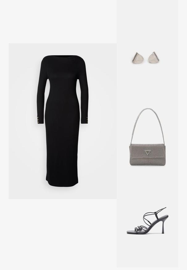 Rochie neagră, cu mânecă lungă și detaliu în formă de barcă, cu o siluetă ajustată, având accente cu butoane aurii pe mâneci. Textură fină.; Sandale negre cu toc înalt au curele subțiri cu un design legat, un vârf pătrat neted și un toc stiletto elegant.; Geantă metalică gri deschis, cu un strap din lanț, decorată cu mici ținte circulare metalice și un logo de marcă triangular.; Cercei din metal argintiu cu o formă netedă, în formă de lacrimă și un finisaj lucios. Gravuri subtile adaugă detalii. Design minimalist.