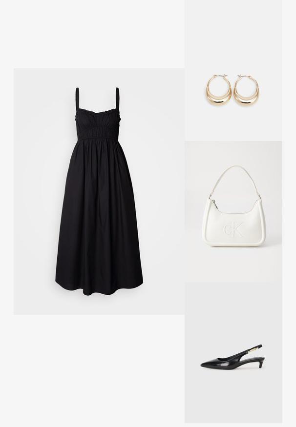 Fekete, ujjatlan ruha összegyűrt mellrésszel, elasztikus derékkal és légies szoknyával. Könnyű anyagból készült, sima textúrával.; Fekete bőr slingback magassarkúk, hegyes orral, vékony sarkakkal és arany színű részlettel a állítható pánton. Simа felület.; Fehér bőrtáska ívelt formájú, elöl feltűnő "CK" logóval, egyetlen vállpánttal. Cipzáras zárás a tetején.; Aranyszínű, félhold alakú fülbevalók, polírozott felülettel és zsanéros záródással. A sima textúra és a fényes felület fokozza a láthatóságot.