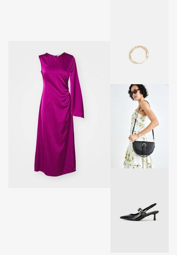 Dlhé rukávy, fuchsiový šaty z hladkého saténového materiálu. Obsahuje drapovaný bok v oblasti pásu a jednoduchý okrúhly výstrih.; Čierne patentové kožené sandále na podpätku so špicatou špičkou a malým blokovým podpätkom, s dekoratívnou striebornou sponou na remienku.; Čierna kožená kabelka s zaobleným tvarom, odnímateľným popruhom a zlatými doplnkami. Kabelka má klopu s detailom s prackou.; Prsteň v zlatej farbe s organickým, skrúteným dizajnom, hladkým povrchom a zužujúcimi sa koncami, vytvárajúci moderný, sochársky vzhľad.