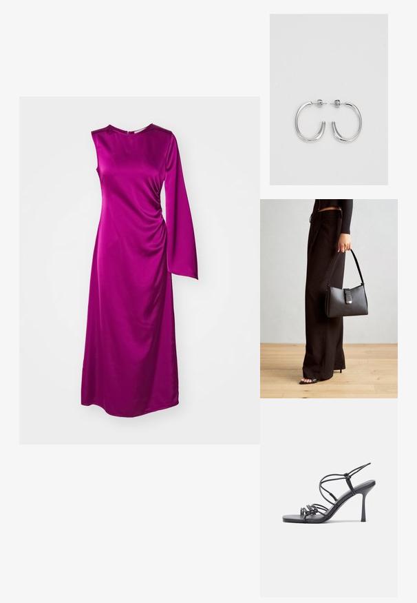 Ilga rankovė, fuksijos spalvos suknelė iš blizgaus satino. Yra drapiruota detalė liemens srityje ir paprastas apvalus iškirpimas.; Juodos aukštakulnės sandalai pasižymi plonyčiais dirželiais su mazgo dizainu, lygiu kvadratiniu pirštu ir elegantišku stiletto kulnu.; Juodas rankinė struktūrizuota forma, lygi tekstūra ir metalinis užsegimas. Suporuota su plačiomis juodomis kelnėmis ir atvirais bateliais ant medinių grindų.; Sidabrinės auskarai žiedai su lygiu, blizgiu paviršiumi. Suapvalinta forma, lengvas dizainas, su uždarymu ant smeigtuko.
