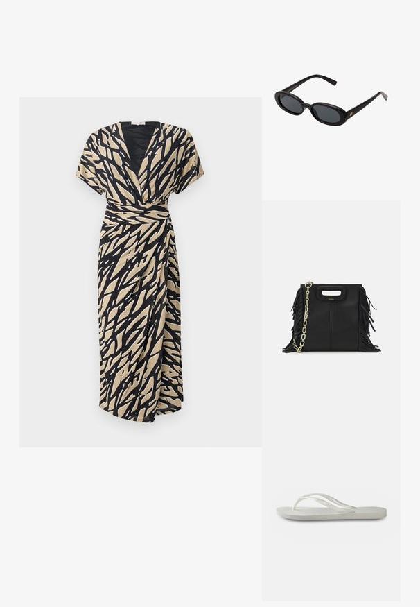 Beige wikkeljurk met zwart abstract patroon, korte mouwen, v-hals en een zijstrikdetail, gemaakt van lichte stof.; Witte flip-flops met een gestructureerde zool, featuring dunne bandjes en een vlak ontwerp. Gemaakt van rubber met een subtiel logo op de voetbed.; Zwarte oversized zonnebril met ovale lenzen, een glad plastic montuur en gouden accenten op de pootjes. Donkere lenzen bieden bescherming tegen de zon.; Zwarte leren handtas met franjes, gouden schouderband van schakels en een uitsnijding in de handgreep. Heeft het logo prominent aan de voorkant.