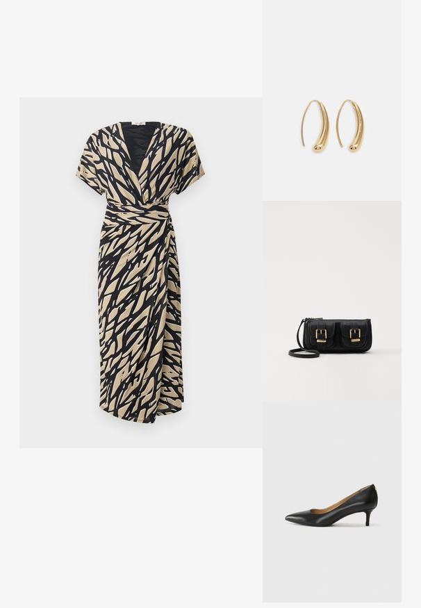 Béžové šaty s čiernym abstraktným vzorom, krátkymi rukávmi, výstrihom do vika a bočným opaskom, vyrobené z ľahkého materiálu.; Čierny kožený podpatek s špicatou špičkou, nízkym opätkom a hladkým povrchom. Obsahuje mierne otvorenie vpredu a minimálne kovové detaily na zadnej strane.; Čierna kožená crossbody taška s dvoma prednými vreckami, zlatými sponami, zipsovým uzatváraním a úzkym popruhom. Štruktúrovaný povrch a kompaktný obdĺžnikový tvar.; Náušnice vo forme zlatých kovových kruhov s zakriveným, predĺženým tvarom. Majú hladký, lesklý povrch a zaoblený koniec pre pridanie detailu.