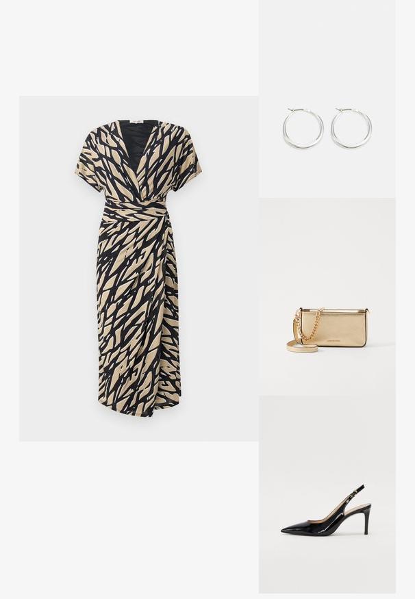 Vestido envelope em bege com padrão abstrato em preto, mangas curtas, decote em V e detalhe de laço lateral, feito de tecido leve.; Sandal com salto em verniz preto, bico fino, salto esguio e um design de recorte subtil. Apresenta uma fivela dourada na alça.; Clutch de couro dourado metálico com um acabamento texturizado, apresentando uma alça de corrente dourada e uma alça de ombro removível. Logotipo da marca em relevo.; Brincos de argola prateados com um design suave e arredondado, apresentando um perfil fino e um fecho seguro. Estilo minimalista com um acabamento polido.