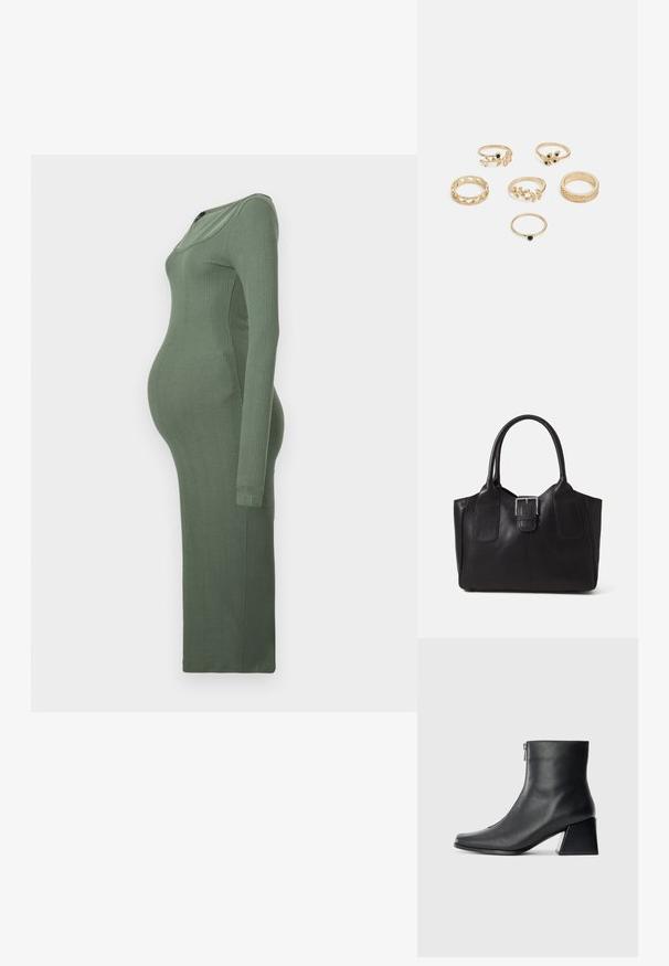 Vestido de maternidade em tecido suave e canelado, com mangas longas, formato ajustado e cor verde. Apresenta um decote redondo e comprimento longo.; Bota de tornozelo em couro preto com bico quadrado, fecho lateral e salto bloco contra um fundo claro plano.; Bolsa tote de couro preta com textura suave, forma estruturada, duas alças e um destaque prateado proeminente na parte da frente.; Conjunto de seis anéis dourados com vários designs: trançados, com motivos de folhas e bandas sólidas; alguns com detalhes em pedras preciosas verdes.