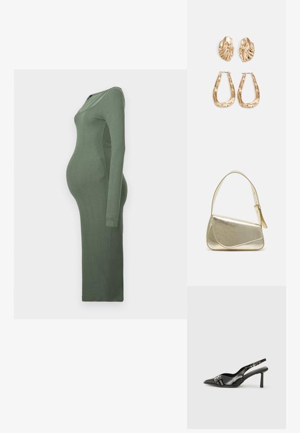 Tehotenské šaty z mäkkého, rebrovaného materiálu, s dlhými rukávmi a priliehavým strihom v zelenej farbe. Obsahujú okrúhly výstrih a dlhú dĺžku.; Čierne lakované kožené slingback topánky s špicatou špičkou, remienkami okolo členku s striebornými prackami a hardvérom, a štíhlým podpätkom.; Zlatá metalická kabelka so štruktúrovaným dizajnom, hladkou textúrou a nastaviteľným popruhom. Obsahuje jedinečný trojuholníkový tvar a minimalistické šitie.; Náušnice v zlatej farbe s textúrovanými, vlnitými tvarmi. Obsahujú sochárske klipsové náušnice a otvorený tvar krúžku s kladivkovým povrchom.